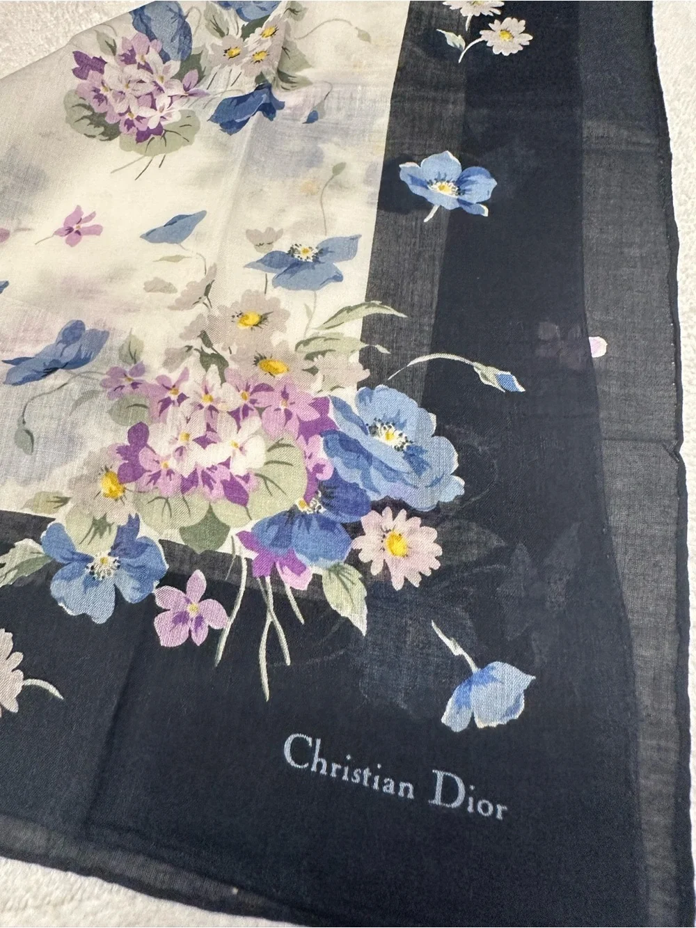 Vintage Christian Dior Floral Cotton Square Scarf Black Border 16.5” EUC